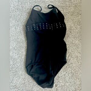 Danskin leotard black gold bead crisscross back sleeveless 7 8 freestyle gym
